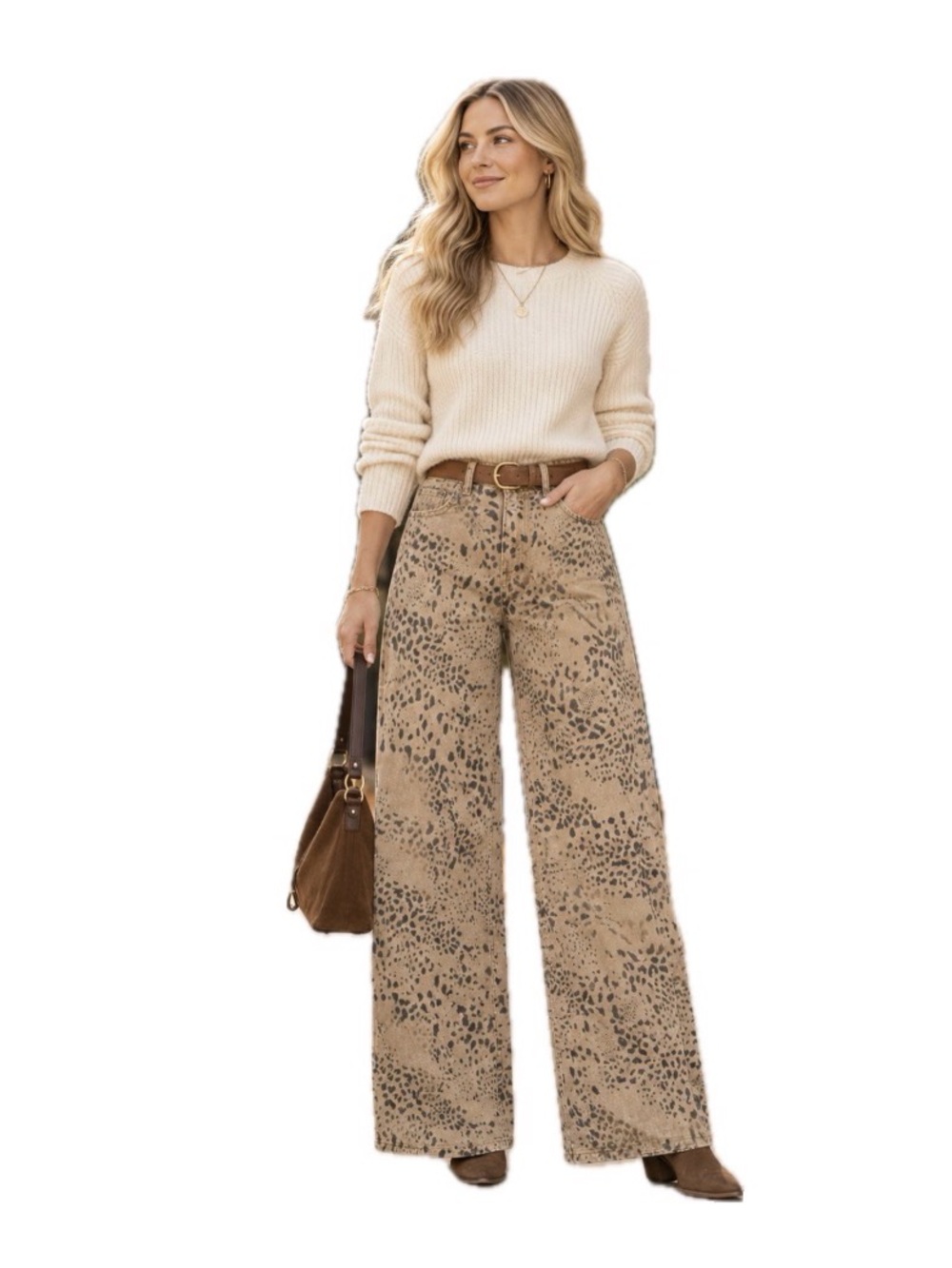 Wide Leg Printed Beige Pants - Neutral Animal Print, Size L